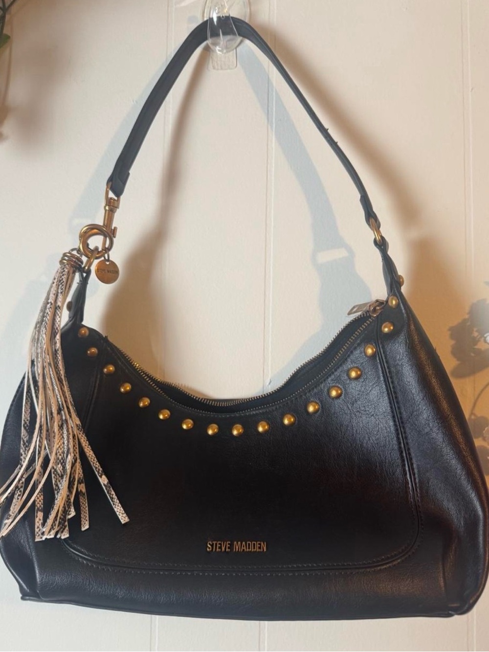 Steve Madden Black Hobo Shoulder Bag with Gold Studs and Tassel